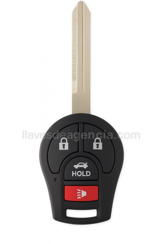 Vista posterior de carcasa llave Nissan 4 botones para Tiida, Altima, Micra, Maxima, Rogue, Versa, Sylphy, Qashqai, Sentra y Juke - Repuesto original compatible