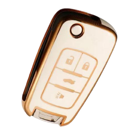Funda protectora TPU para llave Chevrolet Cruze Malibu Camaro Aveo Equinox Impala Opel Astra Insignia Mokka Vauxhall de 4 botones disponible en blanco brillante y negro brillante con líneas e iconos dorados resistente al agua