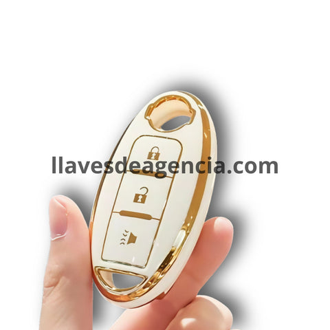 Funda protectora de TPU brillante blanco con detalles dorados para llave de presencia inteligente Nissan con 3 botones abrir cerrar pánico, compatible con Maxima, Altima, Versa, Sentra, Qashqai, X-Trail, Juke, Leaf, acabado suave resistente al agua