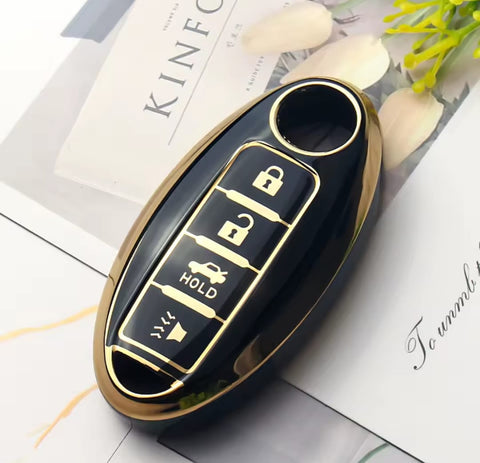 Funda protectora de TPU brillante negro con líneas doradas para llave de presencia inteligente Nissan con 4 botones abrir cerrar cajuela pánico, compatible con Leaf, Micra, Sentra, X-Trail, Qashqai, Versa, Note, Patrol, Maxima, Altima, acabado suave resistente al agua