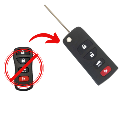 Carcasa navaja abatible flip para convertir control remoto tipo llavero y llave física Nissan en una sola pieza, 4 botones abrir cerrar cajuela pánico, base de metal premium resistente, compatible con Xterra, Frontier, Murano, Pathfinder, Titan, Versa, Maxima, Quest, Armada, Infiniti, mecanismo plegable protege llave de golpes