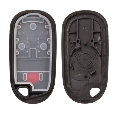 Vista interior de carcasa para control remoto tipo llavero Honda Acura, mostrando compartimento de placa electrónica y espacio para batería en el centro de la tapa trasera, 3 botones de goma con formas especiales: triangular y circular