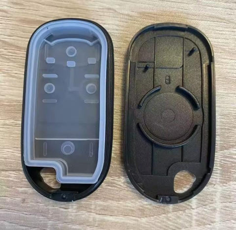 Vista interior de carcasa para control remoto tipo llavero Honda Civic, CR-V, Accord, Jazz, mostrando compartimento de placa electrónica y espacio para batería en el centro de la tapa trasera, 3 botones de goma