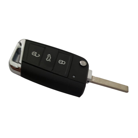 Vista lateral de carcasa llave abatible Volkswagen Golf MK7 Jetta Passat Skoda Octavia Seat León mostrando mecanismo abatible con llave física desplegada, 3 botones, perfil HU162T bronce níquel