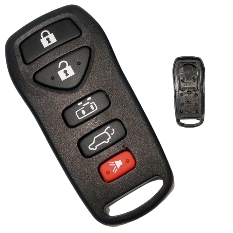 Carcasa de reemplazo para control remoto Nissan con 5 botones especiales incluyendo cerrar, abrir, puerta lateral derecha corrediza, cajuela y pánico, compatible con Altima, Maxima, 350Z, Armada, Quest 2004-2009, material ABS negro mate, control tipo llavero sin llave física, diseñada para vehículos con puerta eléctrica corrediza