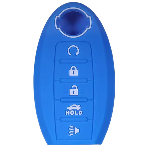 Funda protectora de silicón azul antideslizante para llave de presencia inteligente Nissan e Infiniti con 5 botones incluyendo arranque remoto, cerrar, abrir, cajuela y pánico, compatible con Sentra, Altima, Murano, Pathfinder, Maxima, Rogue, Qashqai, X-Trail, QX60, JX35 2013-2017, calidad de horno resistente a altas temperaturas