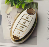 Funda protectora de TPU brillante blanco con líneas doradas para llave de presencia inteligente Nissan con 4 botones abrir cerrar cajuela pánico, compatible con Leaf, Micra, Sentra, X-Trail, Qashqai, Versa, Note, Patrol, Maxima, Altima, acabado suave resistente al agua