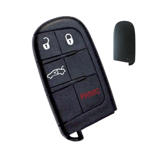 Carcasa de repuesto llave 4 botones con cajuela y pánico para Jeep Renegade Grand Cherokee Dodge Charger Journey Challenger Chrysler 300 200 modelos 2019 en adelante, incluye lámina virgen sin cortar