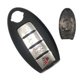 Carcasa de reemplazo para llave de presencia inteligente Nissan con 4 botones abrir cerrar cajuela pánico, compatible con Altima, Maxima, Sentra, Versa, Rogue, Murano, X-Trail, Pathfinder, Armada, Juke, Sunny, Teana, Sylphy, Tiida, lámina de contacto batería orientación lado abajo donde sale llave física, material ABS negro mate