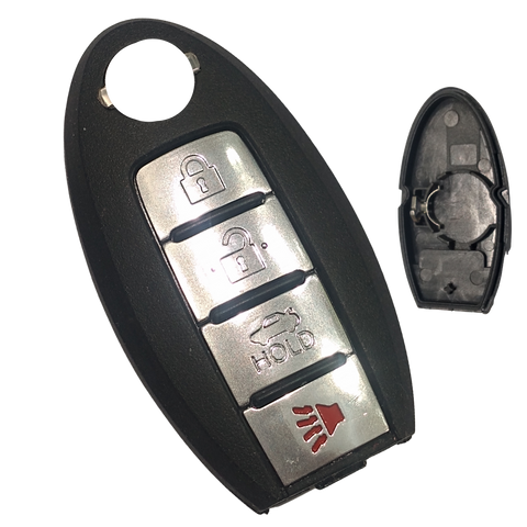 Carcasa de reemplazo para llave de presencia inteligente Nissan con 4 botones abrir cerrar cajuela pánico, compatible con Altima, Maxima, Sentra, Versa, Rogue, Murano, X-Trail, Pathfinder, Armada, Juke, Sunny, Teana, Sylphy, Tiida, lámina de contacto batería orientación izquierda, material ABS negro mate